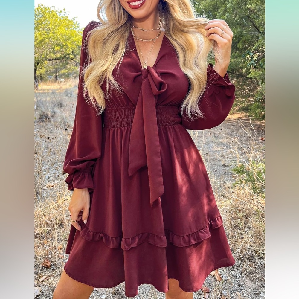 Summer Deep V Neck Knotted Tiered Chiffon Elegant Mini Short Swing Skater Dress